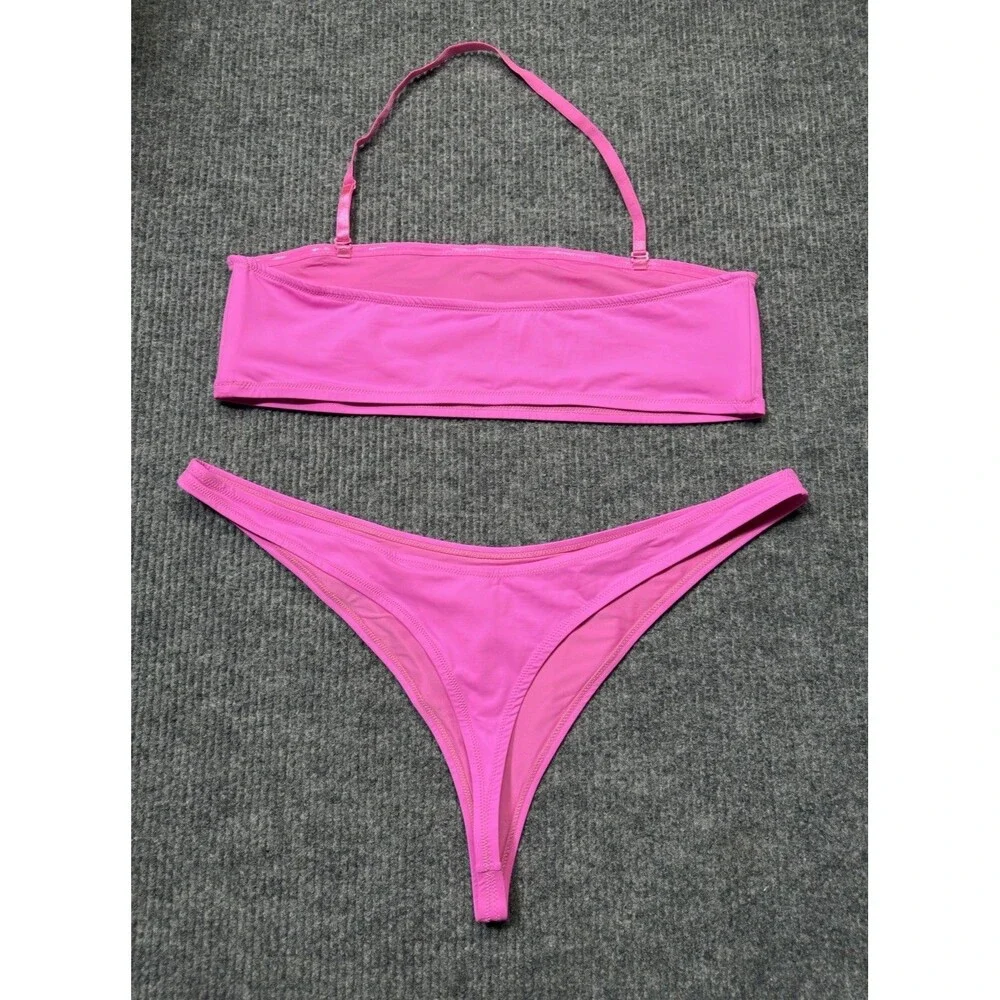 Skims Recycled Swim Women 4X Thong Bottom & Bandeau Top Bikini Set Pink Taffy